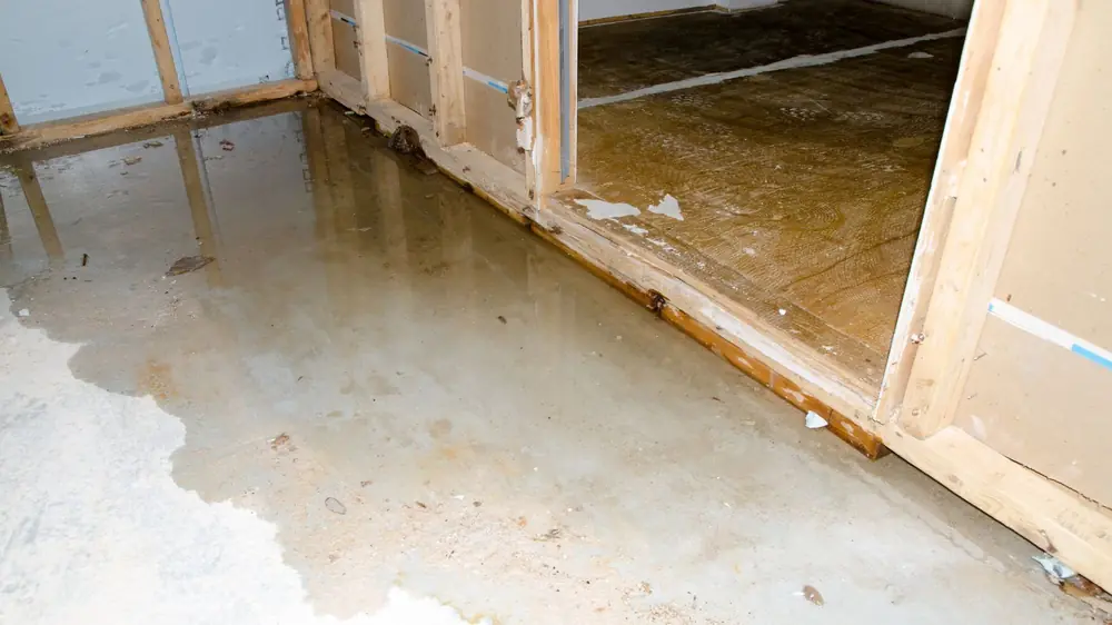 Water-soaked floor and exposed framing after flooding
