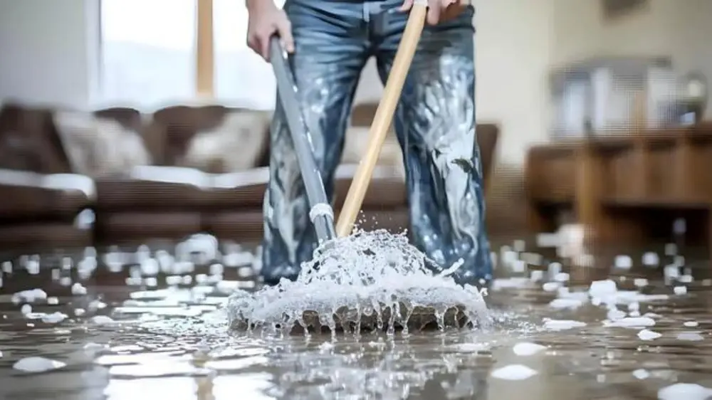 Person mopping a wet living room floor
