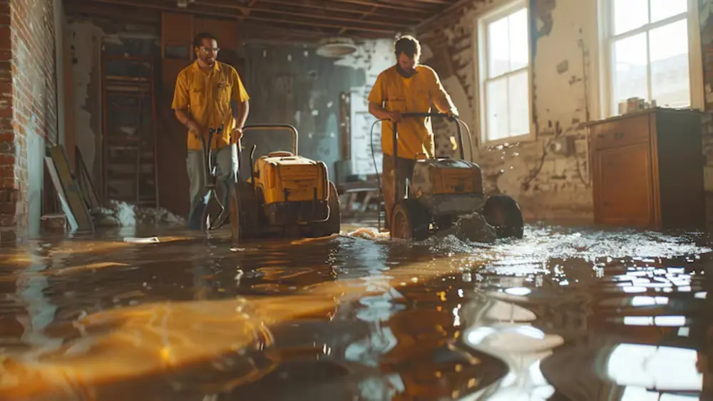 Two workers running extraction machines through a flooded room