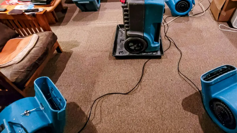 Blue air movers running on a carpeted room during drying