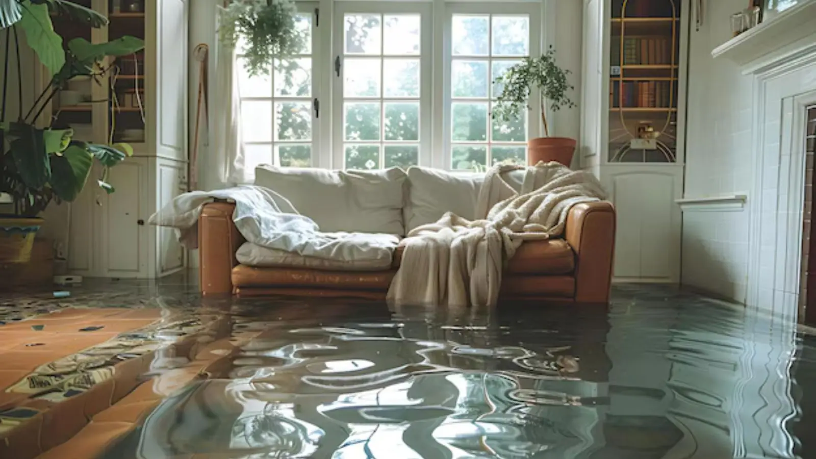 Couch in a flooded living room with water across the floor