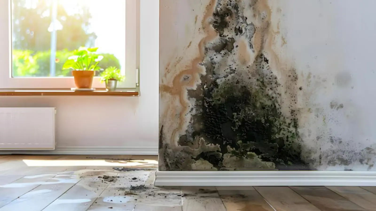 Dark mold stain climbing a wall beside a window