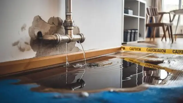 Pipe leaking onto a floor with caution tape across it