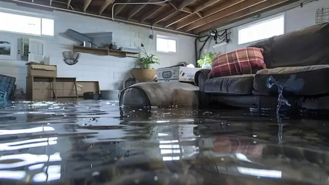 Flooded basement with a sofa and shelves standing in water