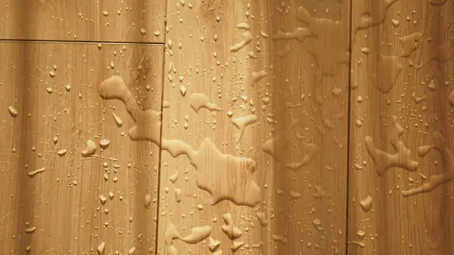 Water beads and wet streaks on a wood plank floor