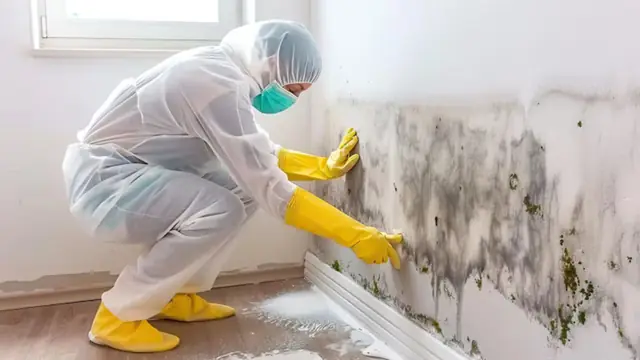 Technician in protective gear wiping a mold-stained wall