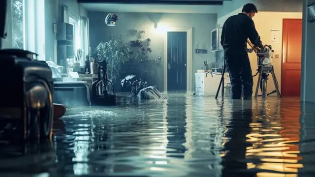 Technician working in a flooded room with drying equipment