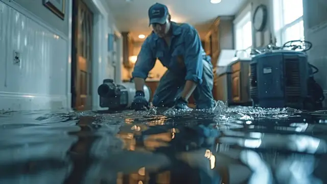 Technician working with a pump in a flooded hallway